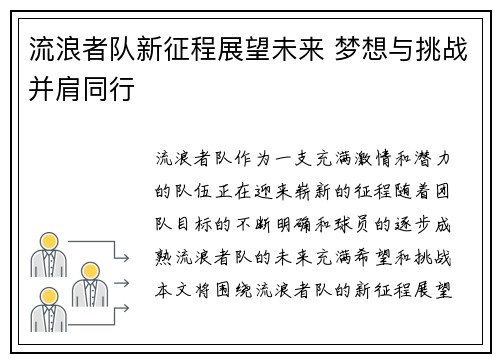 流浪者队新征程展望未来 梦想与挑战并肩同行